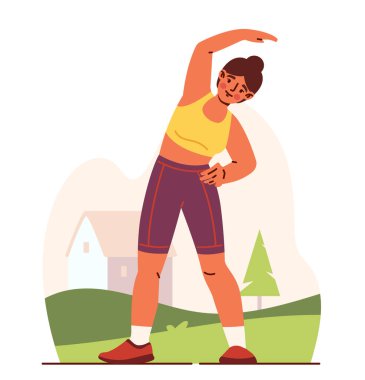 Dışarıda koşan biri. Spor üniformalı genç kız esniyor. Aktif yaşam tarzı ve spor. Web sitesi için grafik ögesi. Çizgi film düz vektör çizimi beyaz arkaplanda izole edildi