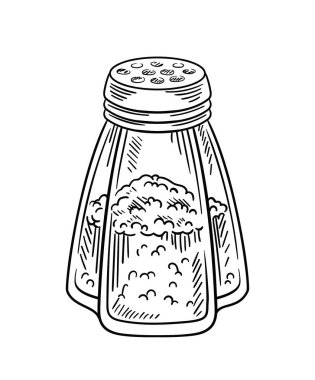 Tuz elle çizilmiş eskiz. Minimalist yaratıcılık ve sanat. Yemek yapmak, yemek hazırlamak. Bardakta tuzluk. Poster ya da afiş. Beyaz arkaplanda izole edilmiş doğrusal düz vektör çizimi