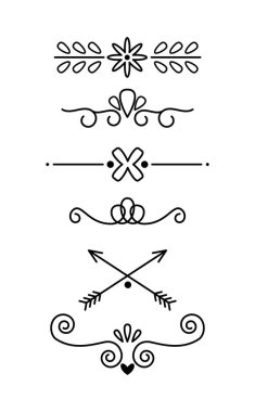 Dekorasyon için kenarları ayarlayın. Çizgiler ve kıvrımlar süslemesi. Kitaplar için ayırıcılar ve vignettler. Oklar ve ayırıcılar. Poster ya da afiş. Beyaz arkaplanda izole edilmiş doğrusal düz vektör koleksiyonu