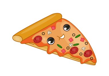 Fast food etiketi. Bir dilim pizza. Kahve ve yemek servisi için tatlı ve lezzet. İtalyan yemeği servisi. Şablon ve maket. Çizgi film düz vektör çizimi beyaz arkaplanda izole edildi