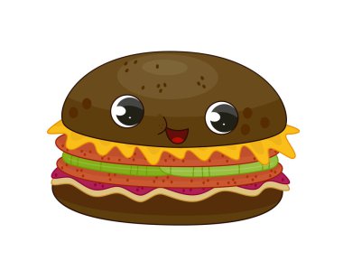 Fast food etiketi. Siyah hamburger ve hamburger karakteri. Sokak kahvesi ve yemek servisi için menü. Poster ya da afiş. Çizgi film düz vektör çizimi beyaz arkaplanda izole edildi