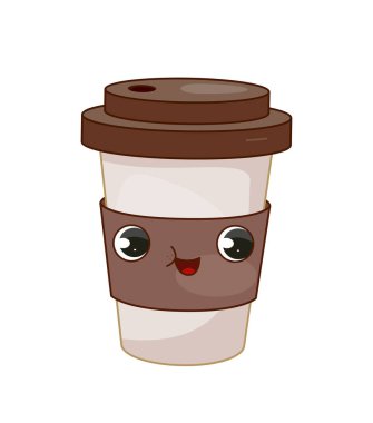 Fast food etiketi. Kahve fincanı karakteri. Sokak kahvesi ve yemek servisi için menü. Aroma ve içecek. Web sitesi için grafik ögesi. Çizgi film düz vektör çizimi beyaz arkaplanda izole edildi