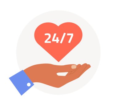 Müşteri destek konsepti. 7 'ye 24 kalple. Teknik danışmanlık ve danışmanlık. Şablon ve maket. Çizgi film düz vektör çizimi beyaz arkaplanda izole edildi