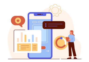 Kullanıcı deneyimi konsepti. Akıllı telefonun yanındaki kadın. Mobil uygulamalı ön uç geliştirici. Bilişim uzmanı ve programcı. Web sitesi için grafik ögesi. Çizgi film düz vektör çizimi