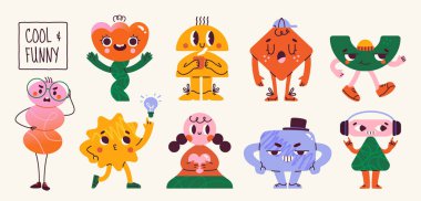 Bir dizi soyut komik karakter. Tatlı geometrik şekiller ya da farklı duygu ve duyguları ifade eden yüzleri olan yaratıklar. Retro çıkartmalar moda tarzında. Çizgi film düz vektör izole koleksiyonu