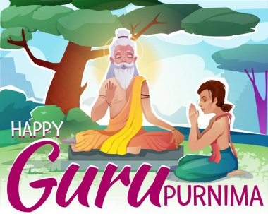 Guru Purnima günün kutlu olsun. Kutsal Budist ve Hindu bayramı için tebrik kartı. Guru Purnima 'yı Onurlandırma Günü' nü kutluyoruz. Öğrenciyle keşiş. Çizgi film düz vektör çizimi