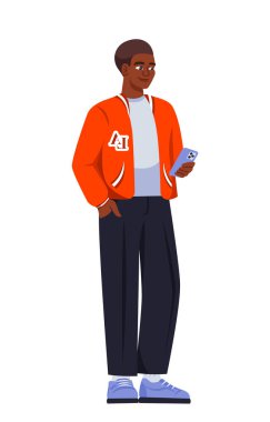 Cep telefonu tutan kişi. Şık giyinmiş gülümseyen adam internet üzerinden iletişim kurmak ve mesaj göndermek için akıllı telefon kullanıyor. Cihazı olan karakter. Çizgi film düz vektörü izole çizimi