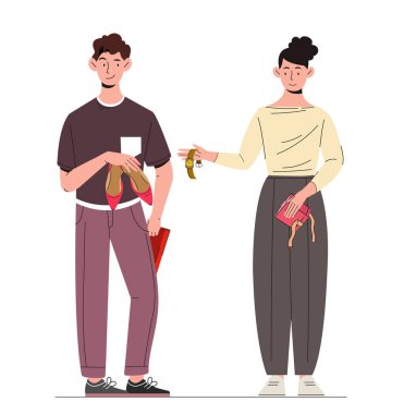 Çift hediye konsepti. Eşler birbirlerine hediyeler verir. Tatil ve festival. Romantizm, sevgi ve ilgi. Sevgililer Günü 'nde aile. Çizgi film düz vektör çizimi beyaz arkaplanda izole edildi