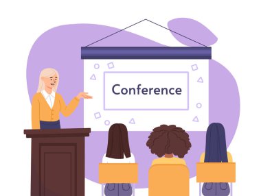 Konferans salonunda bir kadın. Topluluk önünde konuşma ve performansta küçük bir kız neredeyse kayıyordu. Seyirci temsilcisi. İş ya da bilimsel sunum ve seminer. Çizgi film düz vektör çizimi