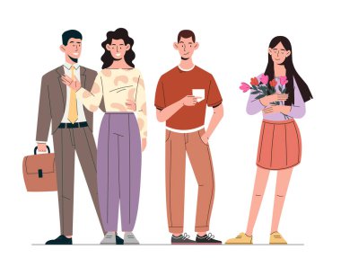 Ayakta duran erkekler ve kadınlar. Genç adam ve kız birbirlerine hediye verirler. Takım elbiseli adam sarılan kadın. Aşk ve romantizm. Aile ve çift. Çizgi film düz vektör çizimi beyaz arkaplanda izole edildi