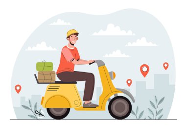 Scooter teslimat hizmeti konsepti. Kutuları olan bisikletli bir adam. Çevrimiçi alışveriş ve hızlı teslimat. Ulaşım ve ojistik. Taşımacıdaki genç adam. Çizgi film düz vektör çizimi