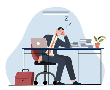 İş adamı işte uyur. Masada oturan takım elbiseli adam. Girişimcilik ve iş. Dizüstü bilgisayarı olan bir adam. Duygusal çöküntüleri olan yorgun bir çalışan. Çizgi film düz vektör çizimi