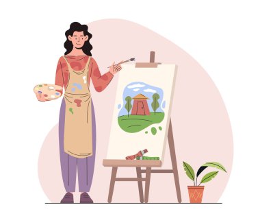 İş yeri konseptinde kadın sanatçı. Fırçalı ve resimli genç kız. Yaratıcılık ve sanat. Yaratıcılık için gerekli ekipmanların olduğu bir atölyede karakter. Çizgi film düz vektör çizimi