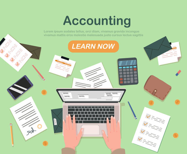 Accounting top view concept. Person with laptop work with documents. Landing page design. Financial literacy and occupation. Bills and wallet with coins. Cartoon flat vector illustration