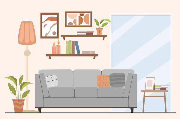 Modern home interior concept. Grey sofa with cushions near shelves with books and mirror. Fashion and style, comfort and coziness. Flowerpot with plant. Cartoon flat vector illustration