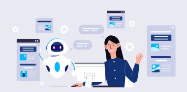 Otomatik yazılım konsepti olan kadın. Robot ve şirket sunucularının yanındaki Yopung kızı. Modern teknolojiler ve yenilikler. Yapay zeka ve makine öğrenimi. Çizgi film düz vektör çizimi