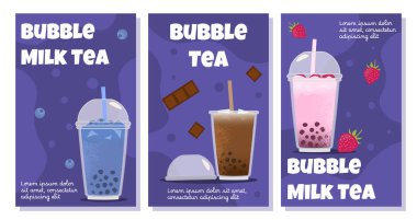 Köpüklü sütlü çay pankartları. Kahve dükkanının malzemeleri. Kafe ya da restoran reklamı. Aroma ve içecek plastik bardaklarda. Çizgi film düz vektör koleksiyonu beyaz arkaplanda izole edildi