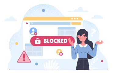 Web sayfası konseptini engelledi. Web sitesi şablonuna yakın bir kadın. Barın yakınında genç bir kız. Sosyal ağların ve habercilerin kullanıcısı. Çizgi film düz vektör koleksiyonu beyaz arkaplanda izole edildi