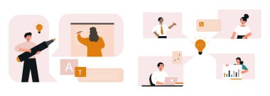 İş analizi ayarlandı. Finansal meslek. Takım çalışması, işbirliği ve işbirliği. Erkekler ve kadınlar ortak bir projede çalışıyorlar. Çizgi film düz vektör koleksiyonu beyaz arkaplanda izole edildi