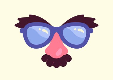 Karnaval gözlüğü konsepti. Bayram ve festival için suç ortağı. Maskeli balo için kıyafet. Bıyık ve burun. Çizgi film düz vektör çizimi bej arkaplanda izole edildi