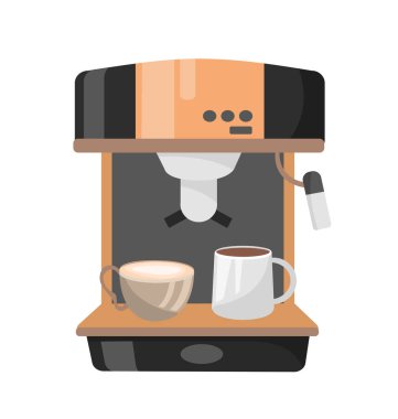 Kahve makinesi konsepti. Sıcak içecek yapmak için bir cihaz. Aroma ve içecek. Kapuçino ve latte. Web sitesi için grafik ögesi. Çizgi film düz vektör çizimi beyaz arkaplanda izole edildi