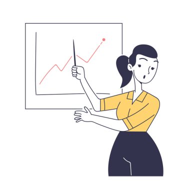 İş adamı karalama konsepti. Ofiste iş akışı. Bilgi grafikleri, grafikleri ve grafikleri olan bir işçi. Web sitesi için grafik ögesi. Çizgi film düz vektör çizimi beyaz arkaplanda izole edildi