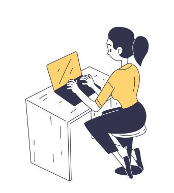 İş adamı karalama konsepti. Ofiste iş akışı. Dizüstü bilgisayarı olan bir kadın. Başla ya da iş projesine başla. Web sitesi için grafik ögesi. Çizgi film düz vektör çizimi beyaz arkaplanda izole edildi
