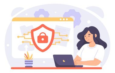 Siber güvenlik online konsepti. Kalkanla dizüstü bilgisayarda oturan kadın. Kişisel verilerin ve bilgilerin korunması. Hackleme ve antivirüs önleme. Çizgi film düz vektör çizimi