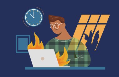 Bitiş tarihi olan adam. Genç adam dizüstü bilgisayarını yakıyor. Rogramcı ya da bilişim uzmanı. Hedef, görev belirleme ve zaman yönetimi. Çizgi film düz vektör çizimi