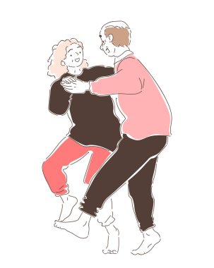 Dans eden yaşlı çiftler. Aktif yaşam tarzı ve boş zaman. Büyükanne ve büyükbaba dans ediyor. Web sitesi için grafik ögesi. Çizgi film düz vektör çizimi beyaz arkaplanda izole edildi