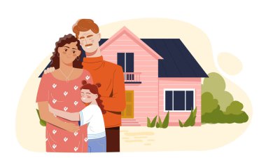 Ev kavramı olan bir aile. Anne ve baba eve yakın bir yerde çocuklu. Rahatlık ve rahatlık. Özel mülk ve gayrimenkul. Çizgi film düz vektör çizimi beyaz arkaplanda izole edildi