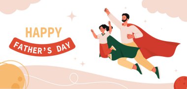 Babalar Günü konsepti. Uluslararası tatil ve festival. Süper kahraman pelerinli kızı olan bir adam. Hayal et ve hayal kur. Sevgi ve ilgi. Çizgi film düz vektör çizimi beyaz arkaplanda izole edildi