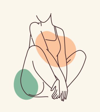 Kadın vücut çizgisi konsepti. Minimalist yaratıcılık ve sanat. Estetik ve zarafet. Seksi kadın beyaz sütyenle oturuyor. Broşür ve broşür. Bej arkaplanda izole edilmiş doğrusal düz vektör çizimi