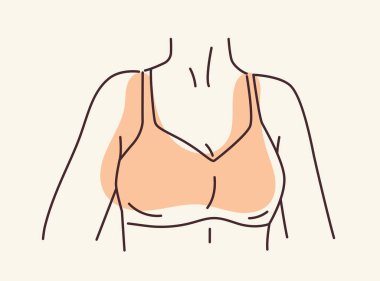 Kadın vücut çizgisi konsepti. Minimalist yaratıcılık ve sanat. Estetik ve zarafet. Bej sütyenli genç seksi kız. Şablon ve düzen. Bej arkaplanda izole edilmiş doğrusal düz vektör çizimi