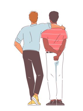 Konseptin arkasındaki arkadaşlar. Erkeklere geri bakış. Gündelik giysiler içindeki genç adam. Kutlama ve tatil. Şablon ve düzen. Çizgi film düz vektör çizimi beyaz arkaplanda izole edildi