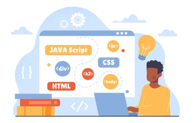 Müteahhit çalışması. Bilgisayarlı bir adam internet sitesi için bilişim uzmanı ve iş yerinde programcı web sayfası geliştiriyor. Java betiği ve CSS, programlama dilleri. Çizgi film düz vektör çizimi