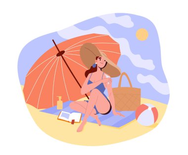 Plajda güneş kremi sürmüş bir kadın. Güneş yanığı tenli mayo giymiş genç bir kız. Sıcak havalarda cildinizi ultraviyole ışınlardan koruyun. Çizgi film düz vektör çizimi beyaz arkaplanda izole edildi