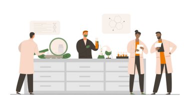 Genetik mühendisleri grubu. Tıp önlüklü ve üniformalı erkekler ve kadınlar. Kimya ve biyoloji. Formüllü bilimsel araştırmacılar. Çizgi film düz vektör çizimi beyaz arkaplanda izole edildi