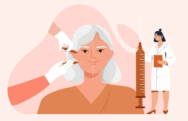 Face Lifting Concept Woman Medical Uniform Syringe Elderly Person Skin — Stock Vector