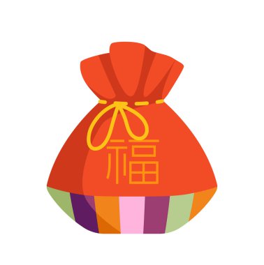 Kore şanslı kesesi konsepti. Asya gelenekleri ve kültürü. Etiketli kırmızı çanta. Web sitesi için grafik ögesi. Hediye ya da hediye. Çizgi film düz vektör çizimi beyaz arkaplanda izole edildi