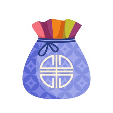 Kore şanslı kesesi konsepti. Asya gelenekleri ve kültürü. Süprizli mavi çanta. Şablon ve düzen. Hediye ya da hediye. Çizgi film düz vektör çizimi beyaz arkaplanda izole edildi