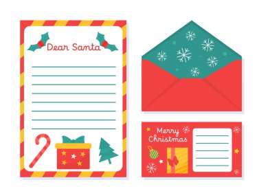 Noel Baba 'ya mektup. Hayal gücü ve hayal gücü. Noel Baba için dilekler. Hediye kutusu olan listeler. Kış tatili ve festival. Çizgi film düz vektör koleksiyonu beyaz arkaplanda izole edildi