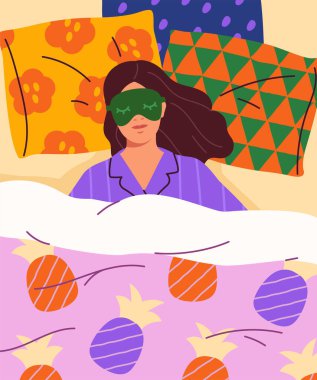 Sabah posteri. Yeşil maskeli kadın. Uyu ve rüya gör. Dinlen ve rahatla, iyileş. Moda broşür ya da kitapçık. Soyut yaratıcılık ve sanat. Çizgi film düz vektör çizimi