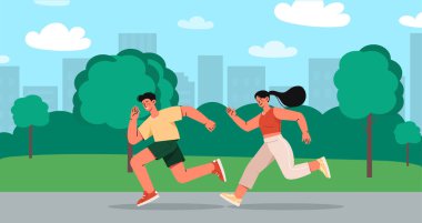 İnsanlar sabah konseptiyle koşar. Aktif yaşam tarzı olan kadın ve erkek. Dışarıda koşucular var. Maraton ve sprint. Spor müsabakası veya turnuva. Poster ya da afiş. Çizgi film düz vektör çizimi