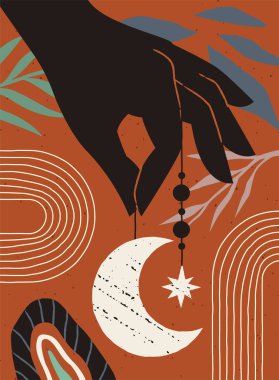 Mistik boho posteri konsepti. Yıldız ve hilal şeklinde el silueti. Soyut yaratıcılık ve sanat. Bohem tarzında el ilanı. Şablon ve düzen. Çizgi film düz vektör çizimi