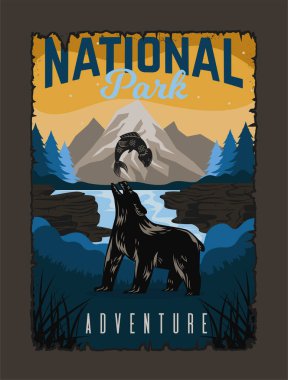 Ulusal Park Vintage posteri. Doğal manzaranın arka planında balıklı ayı. Vahşi yaşam ve hayvan, doğa. Kapak ya da afiş. Çizgi film düz vektör çizimi bej arkaplanda izole edildi