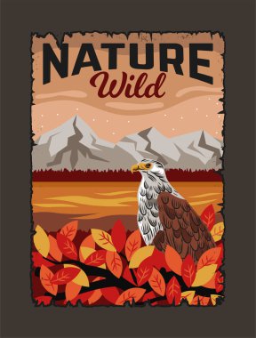 Ulusal Park Vintage posteri. Kartal gölün ve dağların arkasında. Vahşi yaşam ve hayvan, doğa. Şablon ve düzen. Çizgi film düz vektör çizimi bej arkaplanda izole edildi