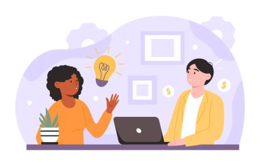 Fikir önerme konsepti. Yanında laptoplu bir adam olan ampullü bir kadın. İş arkadaşları ve ortakları başlangıçta ya da projede çalışırlar. Beyin fırtınası ve anlayış. Çizgi film düz vektör çizimi