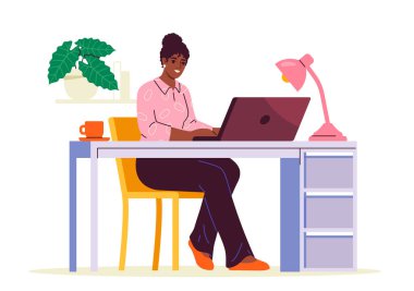 Ofis masası insan konsepti. Bilgisayarın yanında oturan kadın. Dizüstü bilgisayarı olan genç kız. Çalışkan işçi ya da işyerindeki çalışan. Çizgi film düz vektör çizimi beyaz arkaplanda izole edildi