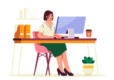 Ofis masası insan konsepti. Bilgisayarın yanında oturan kadın. Bilgisayarlı bir iş kadını. İş yerindeki çalışkan girişimci. Çizgi film düz vektör çizimi beyaz arkaplanda izole edildi